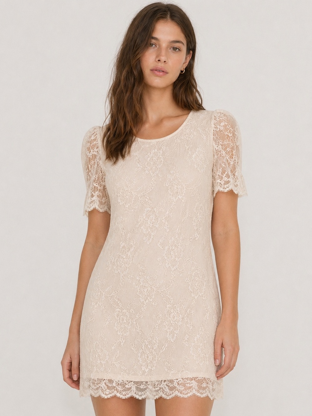 H&M Divided Lace Dress Size 12 Nude Cream Sheer Sleeve Floral Mini Lined Zip